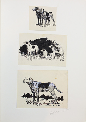 Белатов Г.А.. Лот из трех работ с охотничьими собаками, закрепленных на одном паспарту